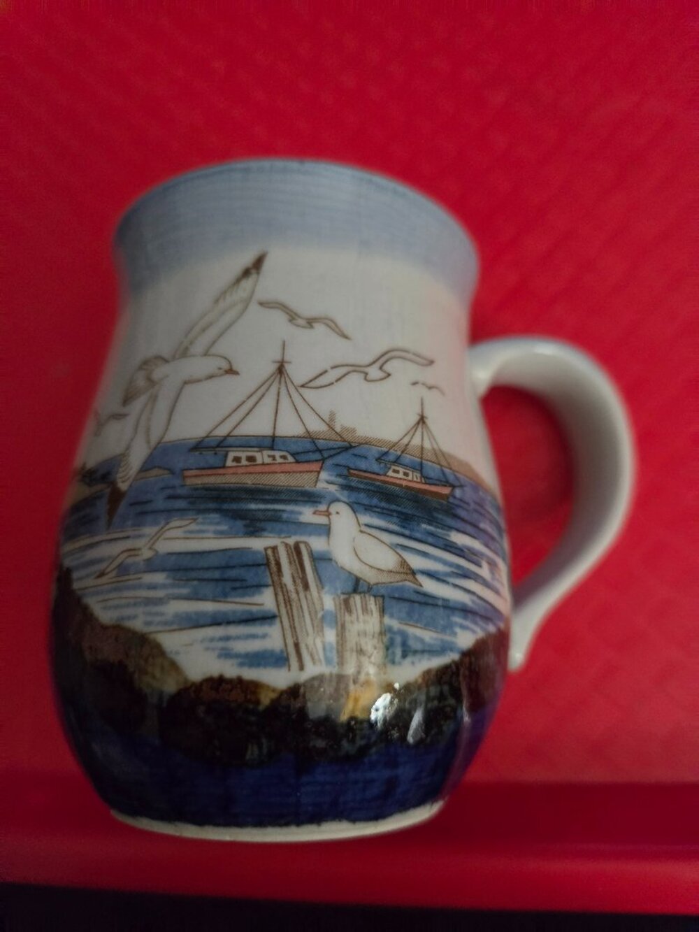 vintage otagiri Japan stoneware mug hand painted coastal harbor